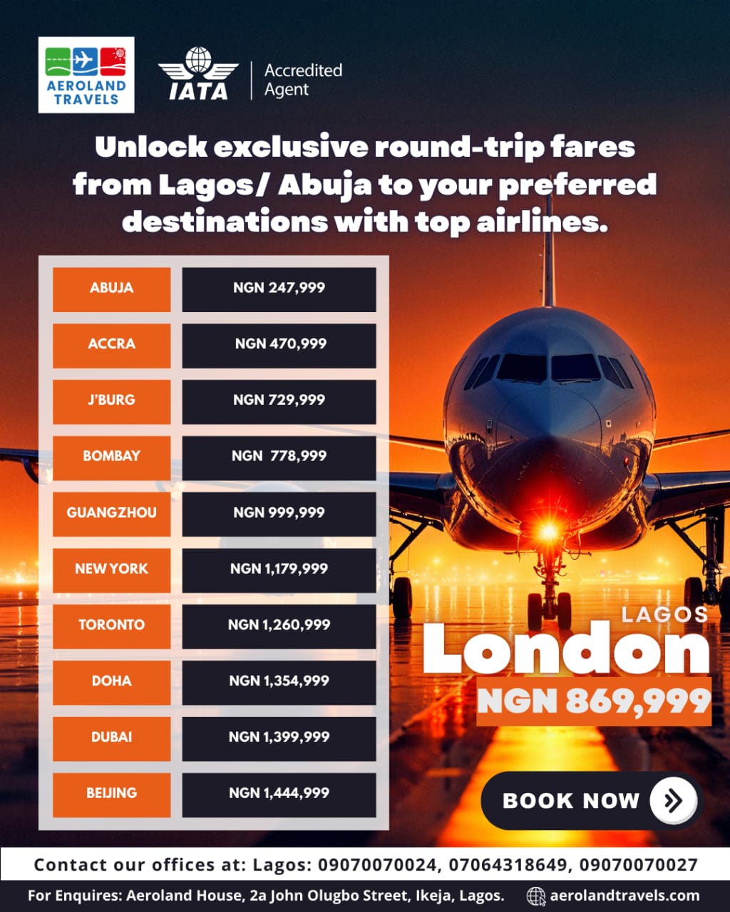 Unlock Exclusive Round-Trip Fares From Lagos & Abuja! ✨✈️ Your next trip just got a whole lot cheaper. Fly to your favourite destinations with top airlines at unbeatable prices!